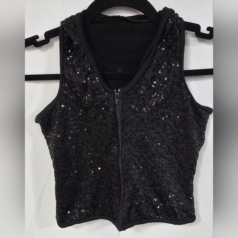 Weissman kids‎ MC black hooded tank top paillette sequins full zip dance hip hop